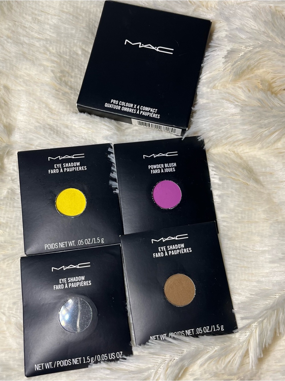 MAC Cosmetics Single Eyeshadows & Blush in Yellow, Purple, Silver, Brown